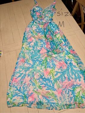 Lilly Pulitzer Blue Pink Green Coral Print Maxi Dress